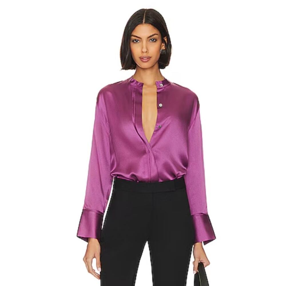 Vince Dew Berry Raw Edge Silk Button-Up Blouse Small